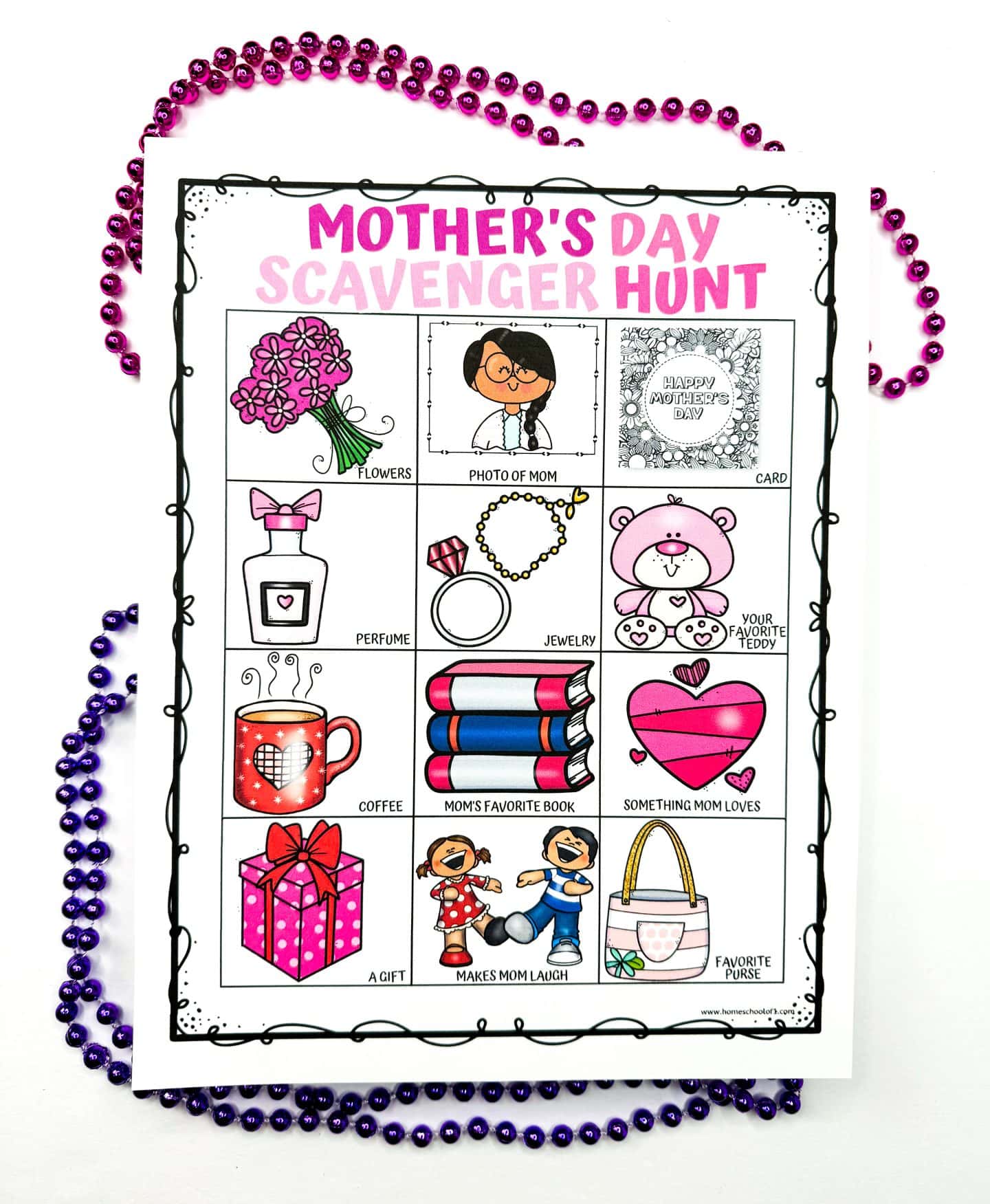 Mother's Day scavenger hunt printable featuring a 3x4 illustrated grid with items to find like flowers, coffee, perfume, jewelry, and something that makes mom laugh. The colorful sheet is framed by loose purple and pink beads on a white background, ideal for a fun Mother's Day scavenger hunt activity for kids.

