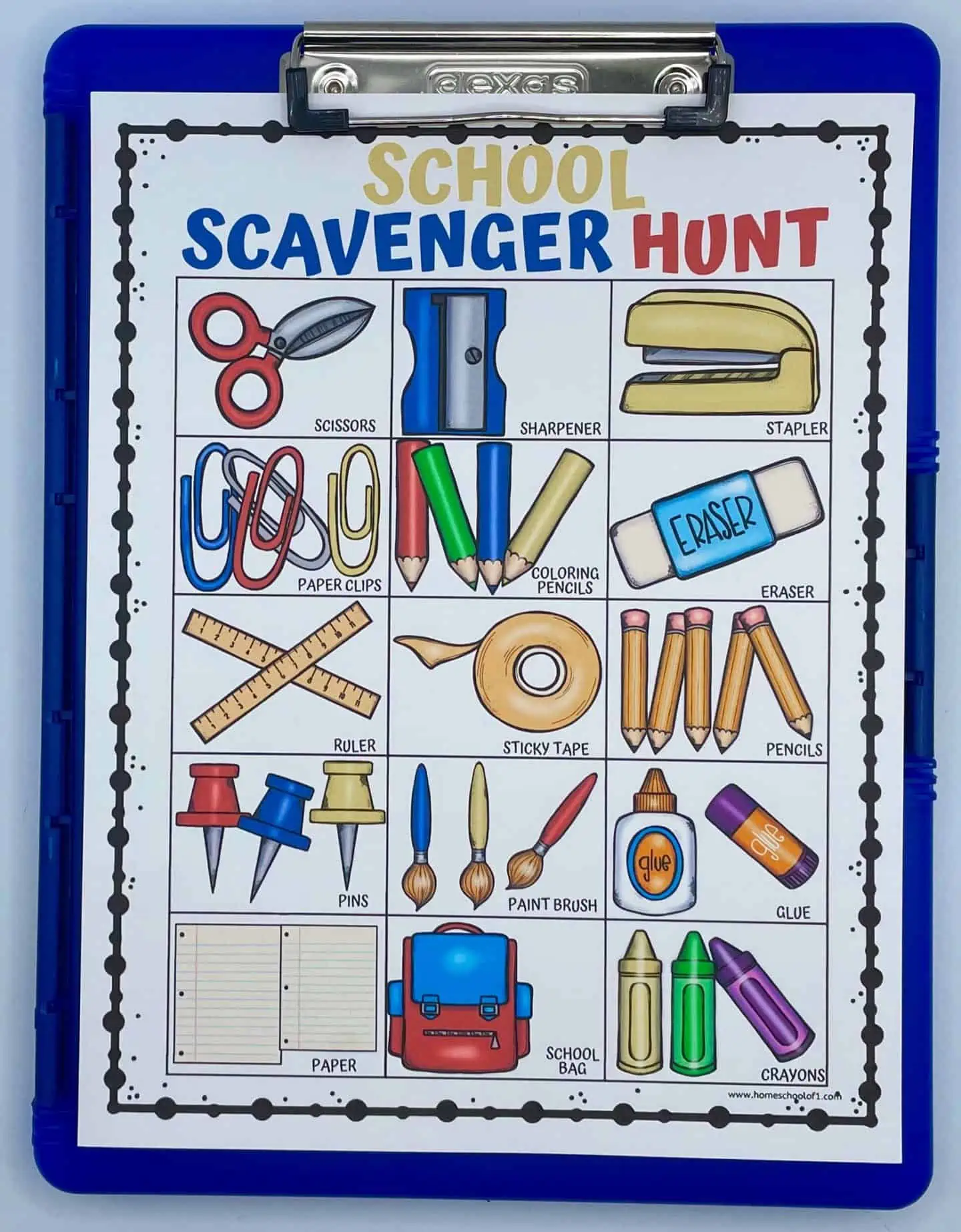 school scavenger hunt on blue clipboard