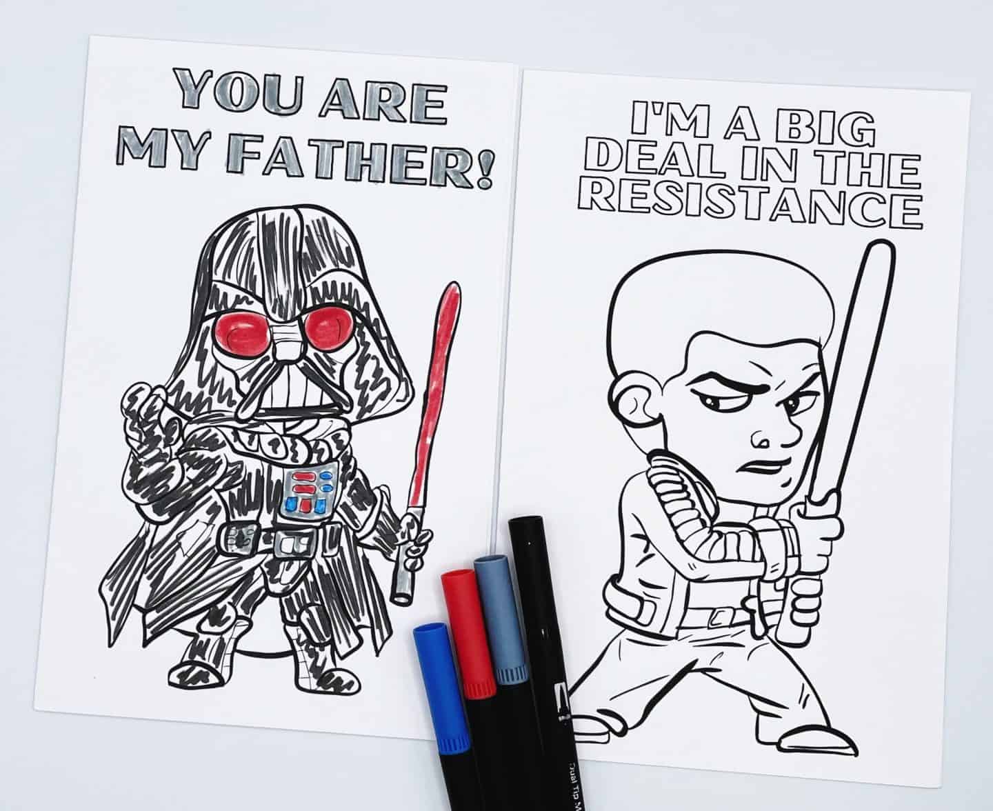 Darth Vader "You are my father!" colored card and uncolored "I'm a big deal in the resistance" card featuring Finn, with colored markers.