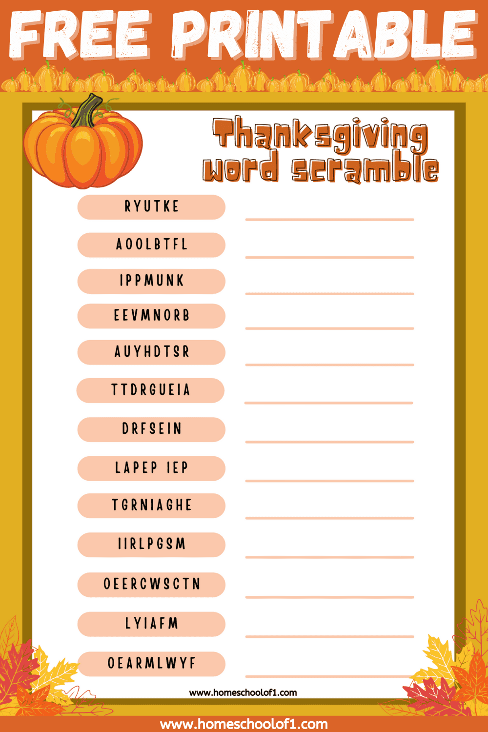 Free thanksgiving word scramble printable with answers 