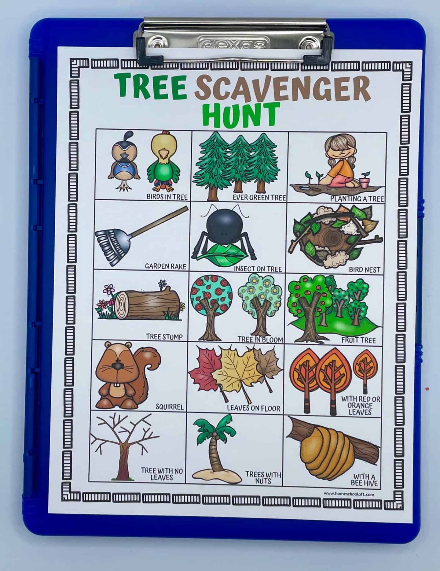 tree scavenger hunt on a blue clipboard