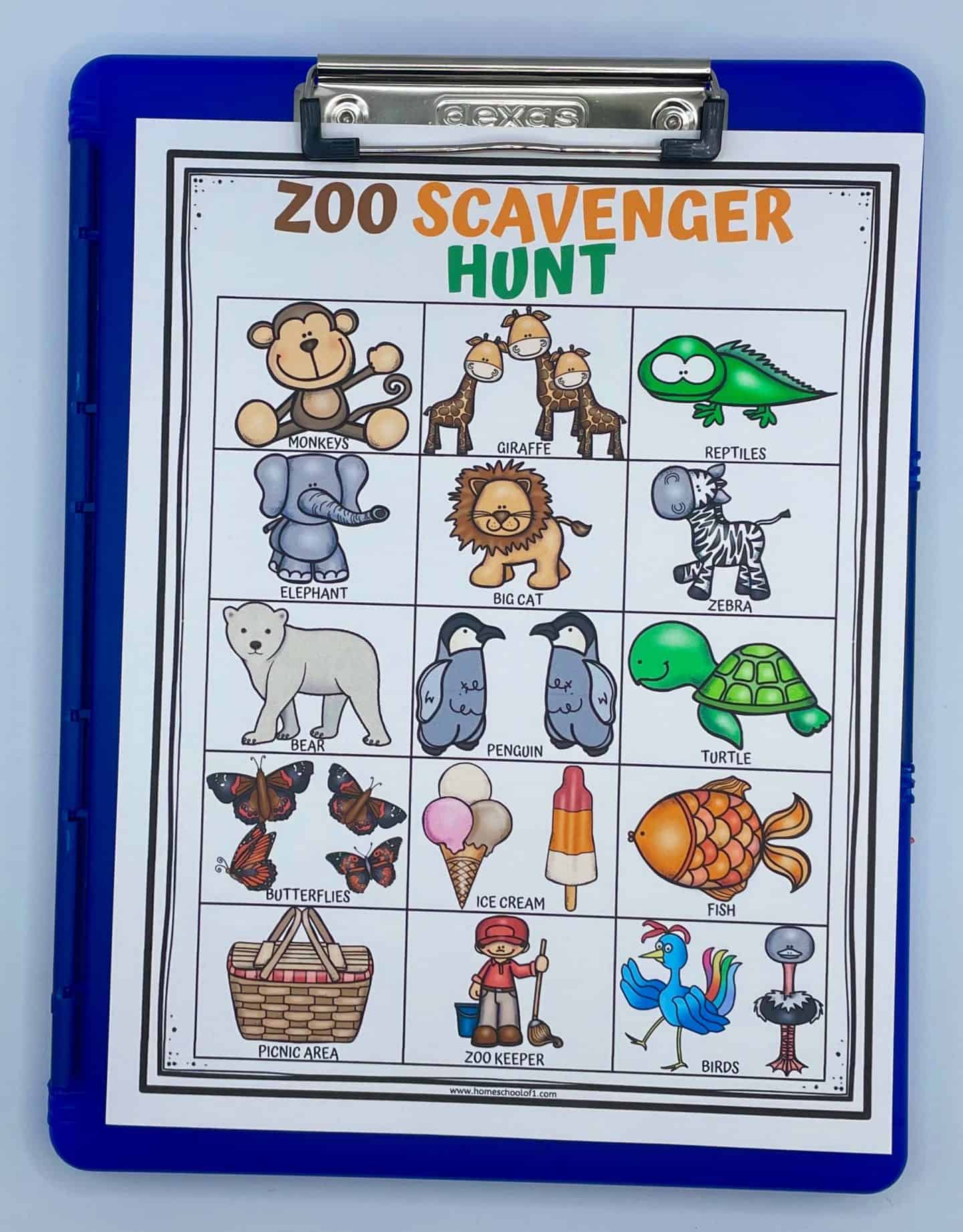 A colorful zoo scavenger hunt printable on a blue clipboard, featuring a grid of cartoon-style animals and zoo-related items. The grid includes images of monkeys, giraffes, reptiles, elephant, big cat, zebra, bear, penguins, turtle, butterflies, ice cream, fish, picnic area, zoo keeper, and birds. The title at the top reads “Zoo Scavenger Hunt” in orange and green text.