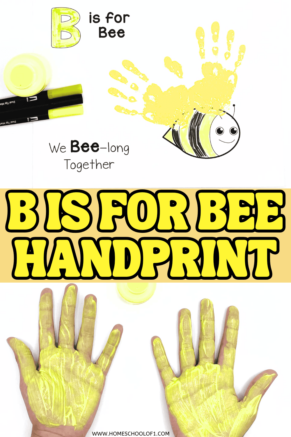 Yellow handprints form wings on a smiling bee craft with the text “B is for Bee” for a fun preschool alphabet activity.