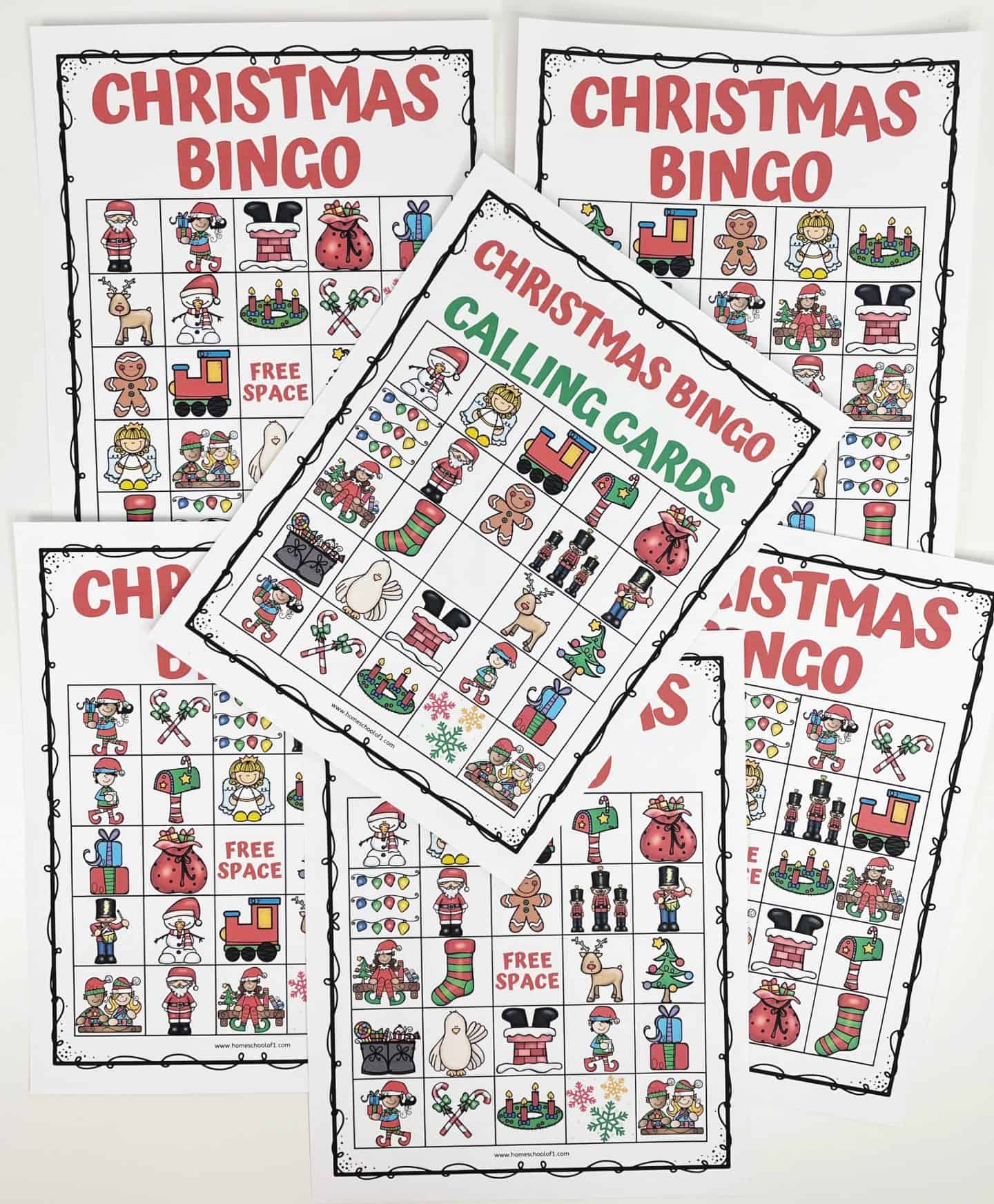  A set of six colorful Christmas Bingo boards is arranged on a flat surface. Each board features a 5x5 grid filled with festive illustrations like Santa, gingerbread men, stockings, reindeer, presents, and ornaments. One sheet in the center is labeled “Christmas Bingo Calling Cards” in red and green text and displays the matching images used during the game. The designs are playful and family-friendly, ideal for a holiday classroom or home activity.