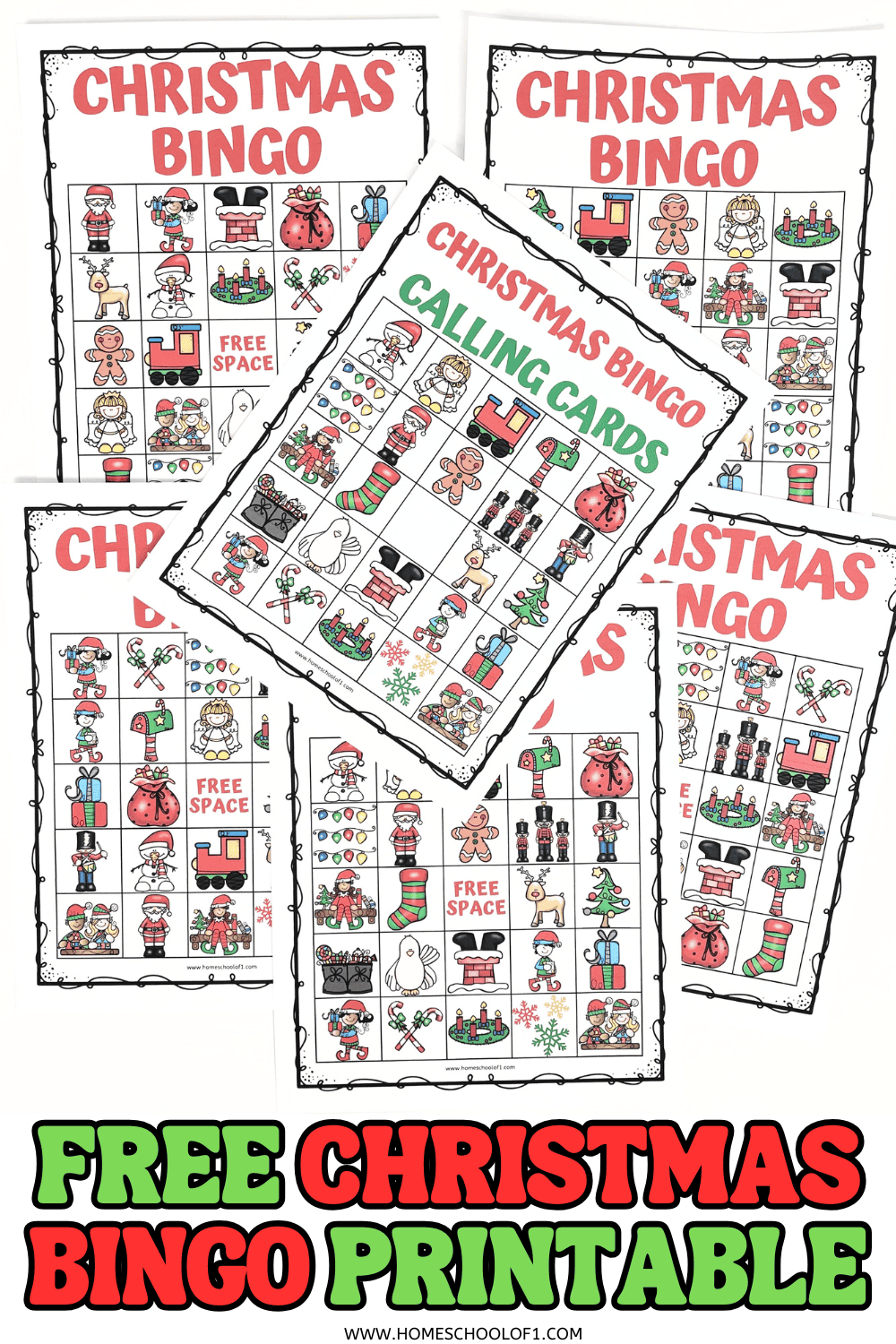 Free printable Christmas bingo cards with colorful images and calling cards for a festive holiday game.

