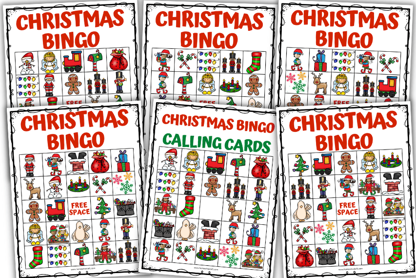 Six printable Christmas Bingo game cards are shown, each with a grid of colorful holiday-themed illustrations such as Santa, gingerbread men, stockings, elves, reindeer, and presents. One card in the center is labeled “Christmas Bingo Calling Cards” in red and green text. Each board has “Christmas Bingo” written at the top in bold red letters. The festive design is kid-friendly and ideal for a holiday classroom or family game.
