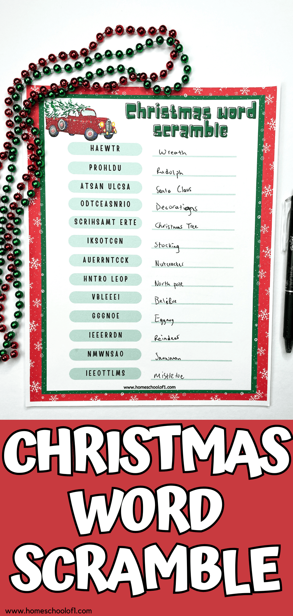 Free Christmas Word Scramble Printable (with answer key)