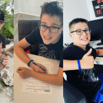 Boy holding a snake outdoors, writing at a desk, and using a computer—different homeschooling activities