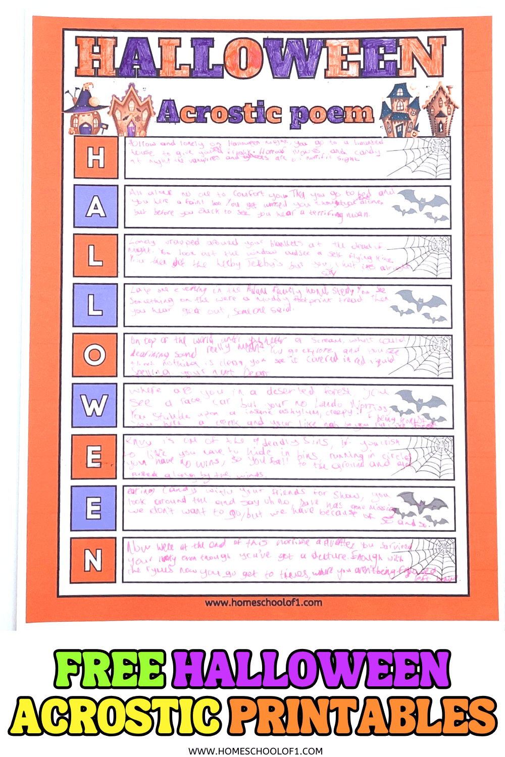 Colorful Halloween acrostic poem printable filled in with spooky-themed lines on an orange and purple template.

