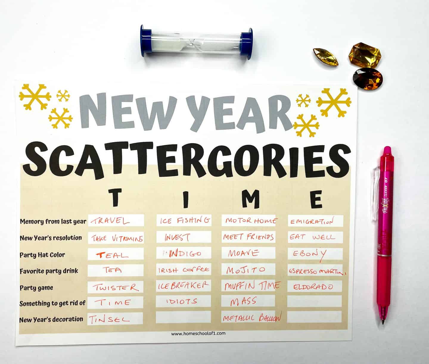 free new year scattergories