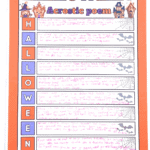 Halloween acrostic poem worksheet for kids, completed in pink ink, with a bold Halloween title and themed illustrations.