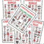 Christmas bingo printable game with five bingo boards and calling cards featuring holiday-themed illustrations.