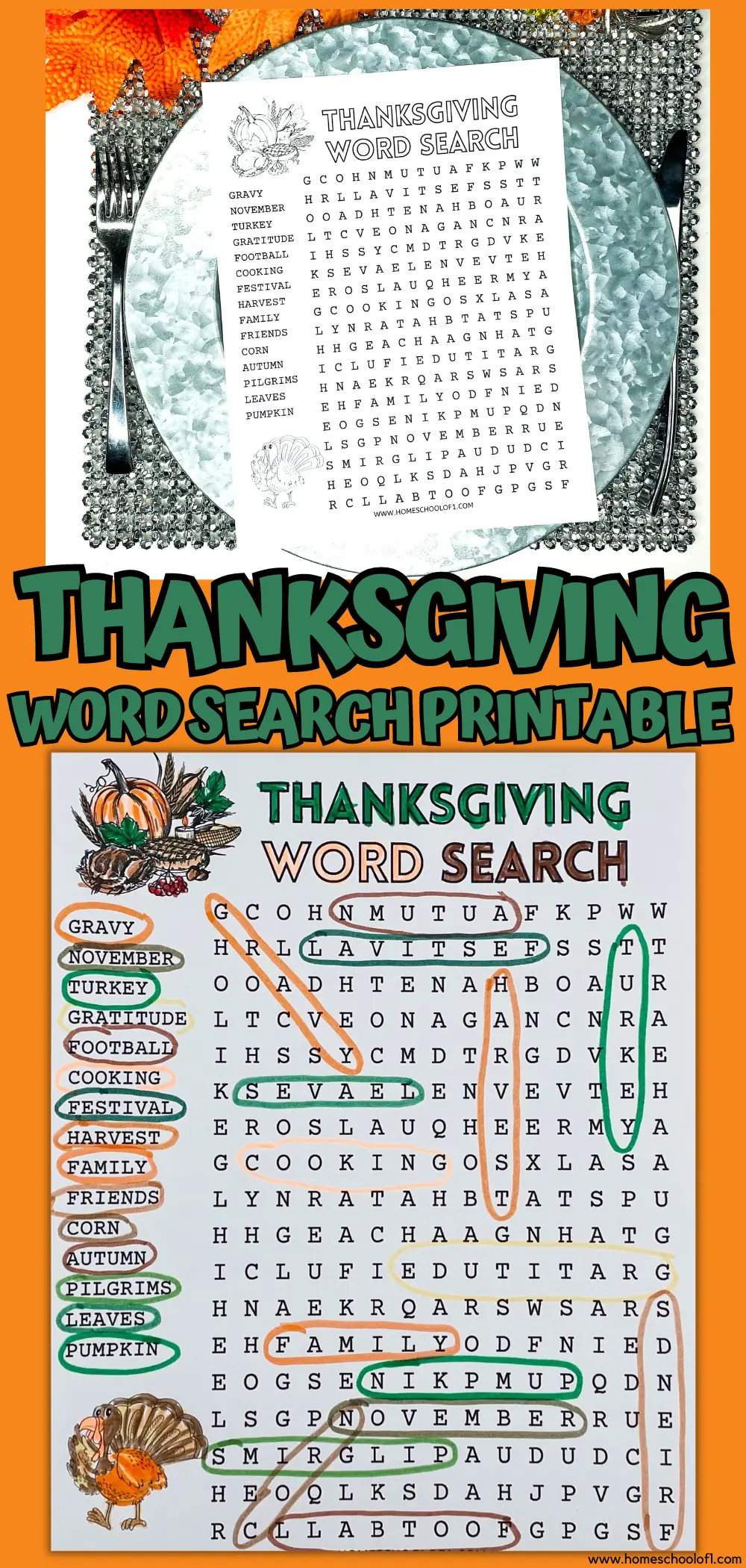 Free Thanksgiving Word Search Printable for Kids