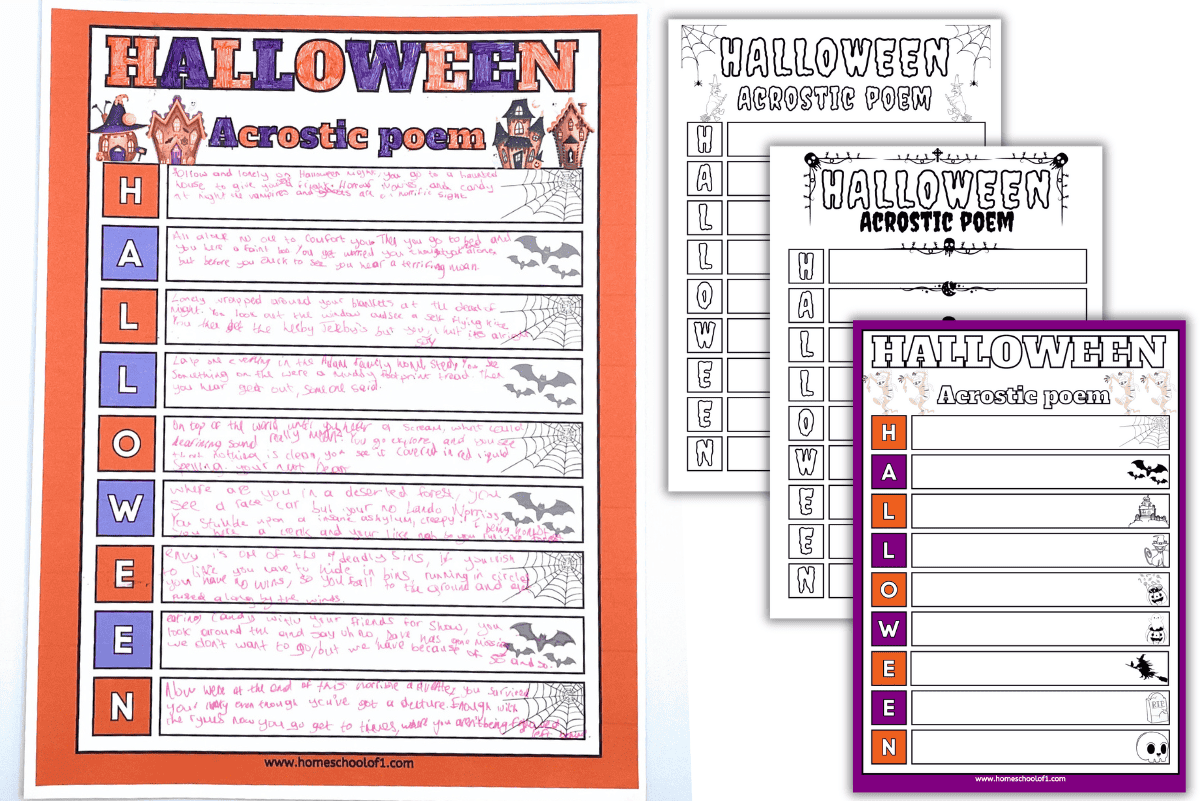 Completed and blank Halloween acrostic poetry worksheets for kids, featuring colorful and black-and-white printable templates with spooky designs.
