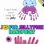 J is for jellyfish handprint craft with purple painted hands and printable template for preschool letter J activity