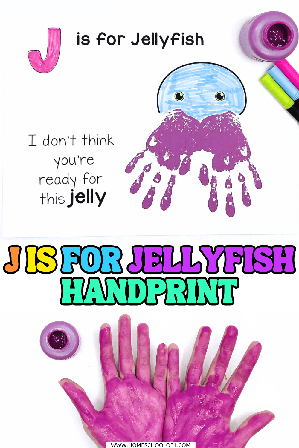 J is for jellyfish handprint craft with purple painted hands and printable template for preschool letter J activity