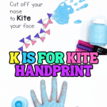 K is for kite handprint craft featuring a painted blue handprint and printable template with a colorful kite string design.