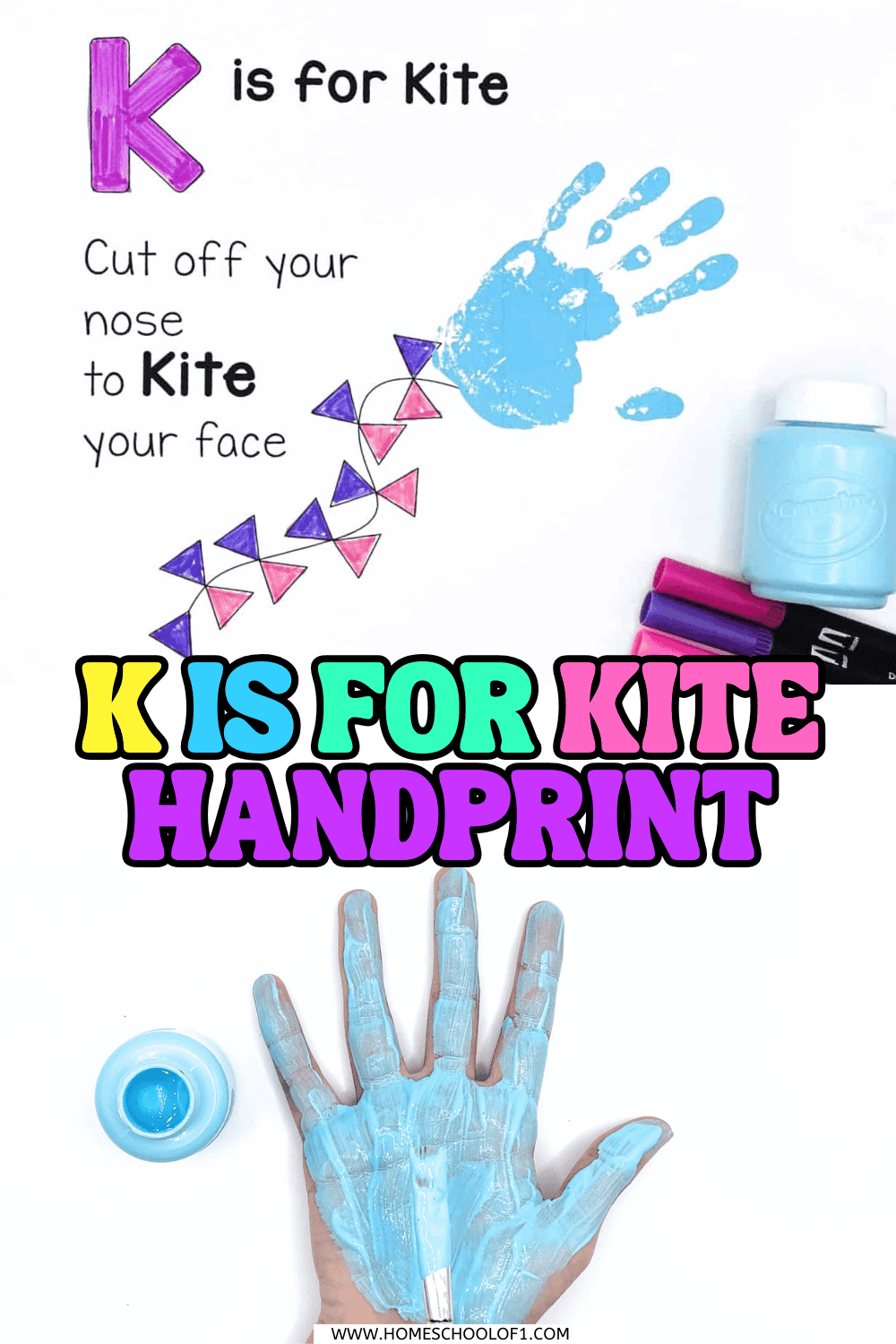 K is for kite handprint craft featuring a painted blue handprint and printable template with a colorful kite string design.