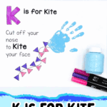 Free printable K is for kite handprint activity with blue paint, alphabet template, and kid-friendly kite string coloring.