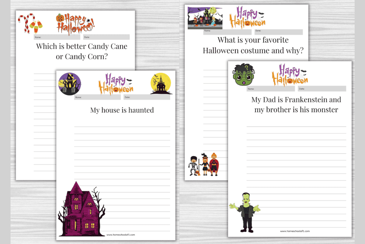 Four printable Halloween writing prompts for kids with themed questions and spooky illustrations like haunted houses and Frankenstein.