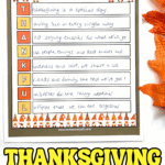 Completed Thanksgiving acrostic poem template with the word THANKFUL filled in by a child