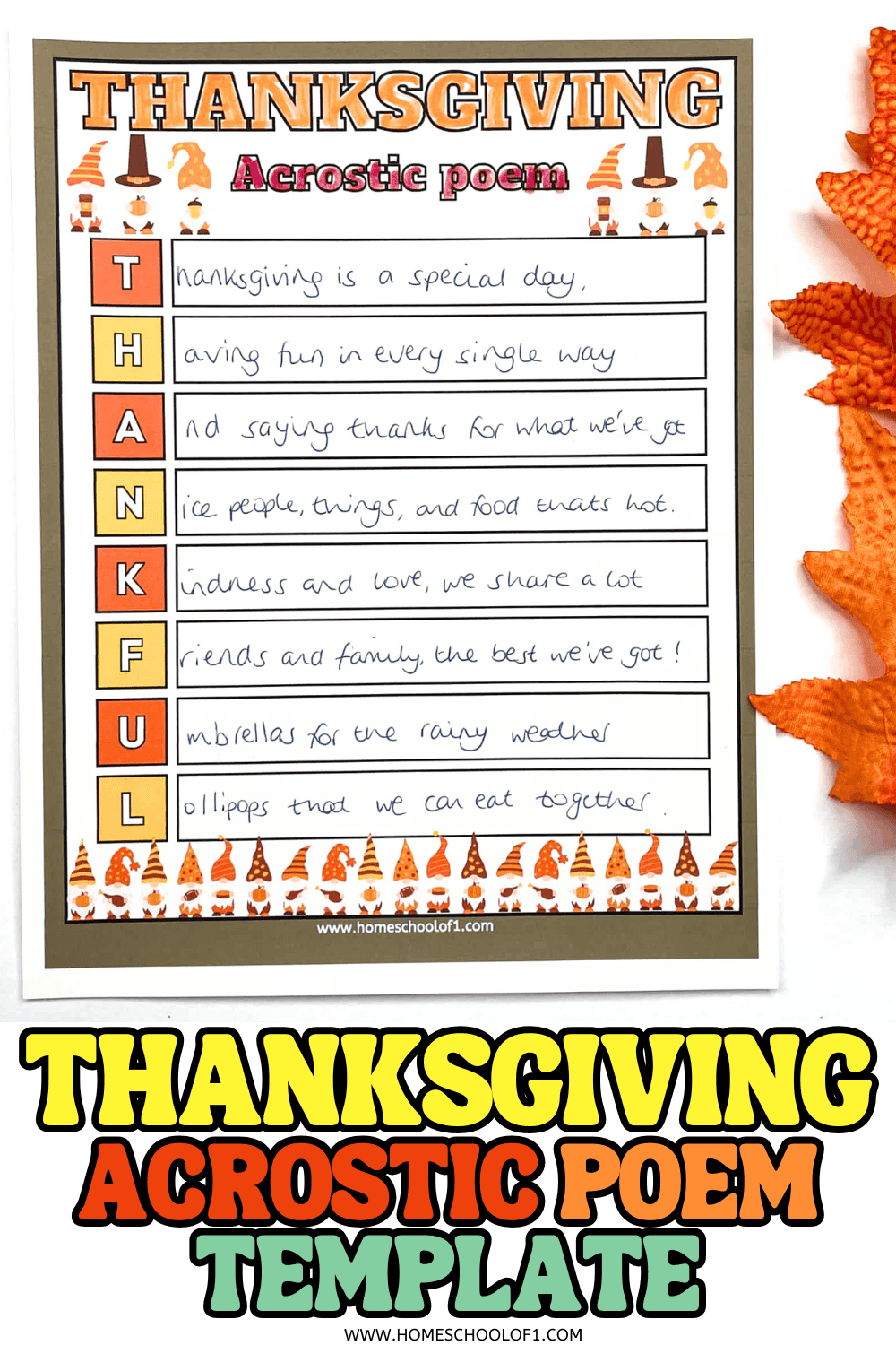 Completed Thanksgiving acrostic poem template with the word THANKFUL filled in by a child

