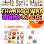 Free printable Thanksgiving bingo cards with colorful holiday images for kids and families.