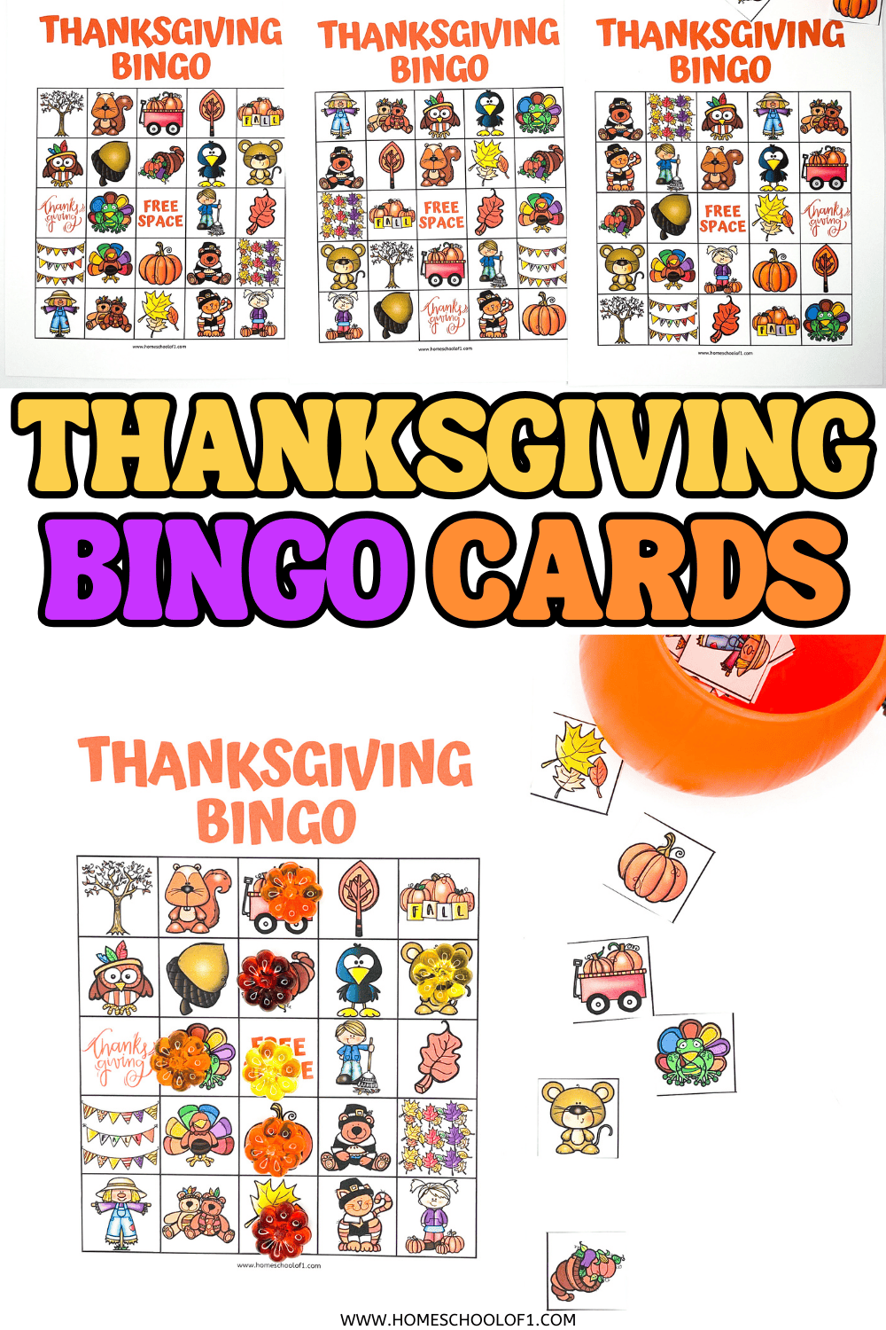 Free printable Thanksgiving bingo cards with colorful holiday images for kids and families.