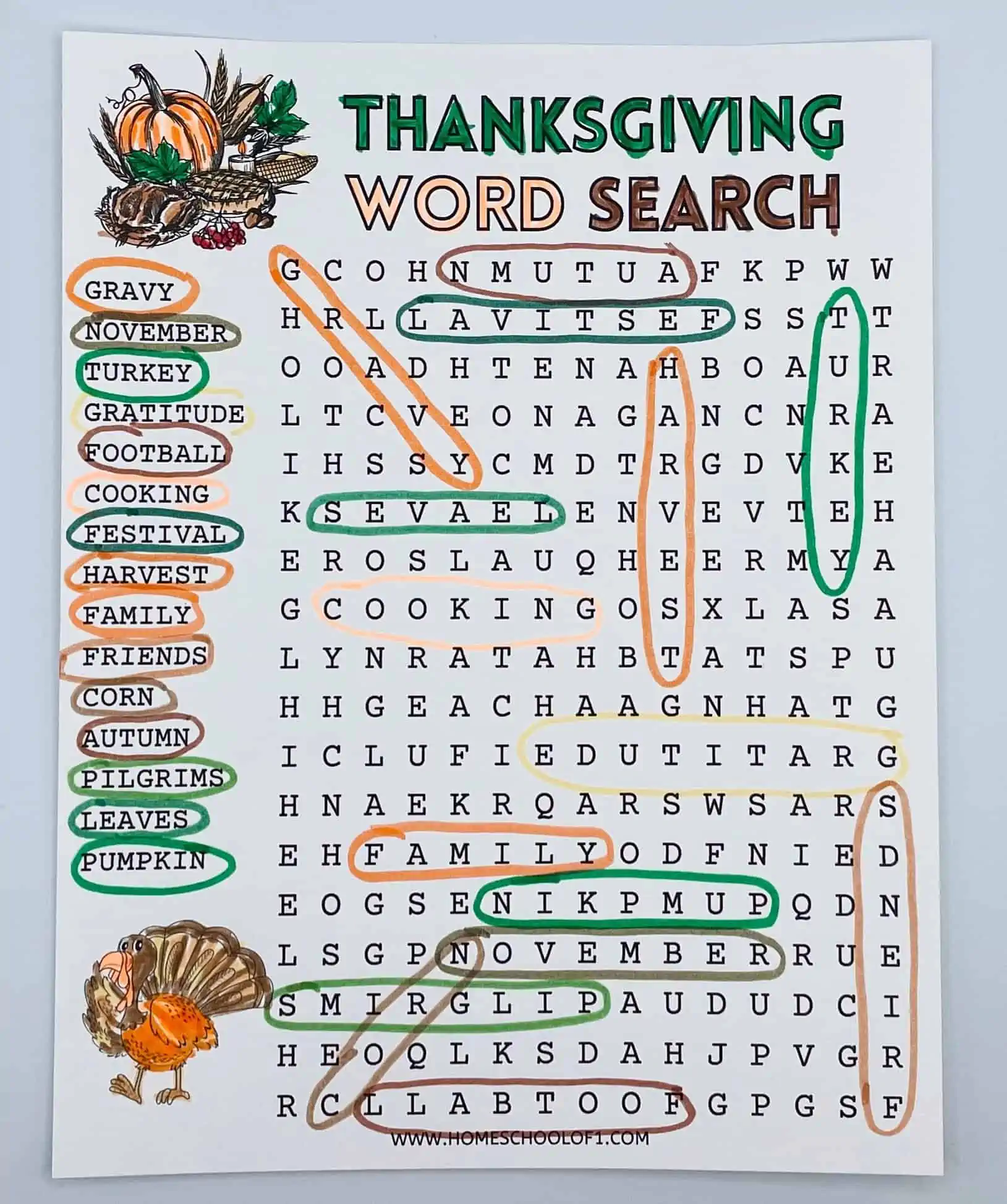 Free Thanksgiving Word Search Printable for Kids