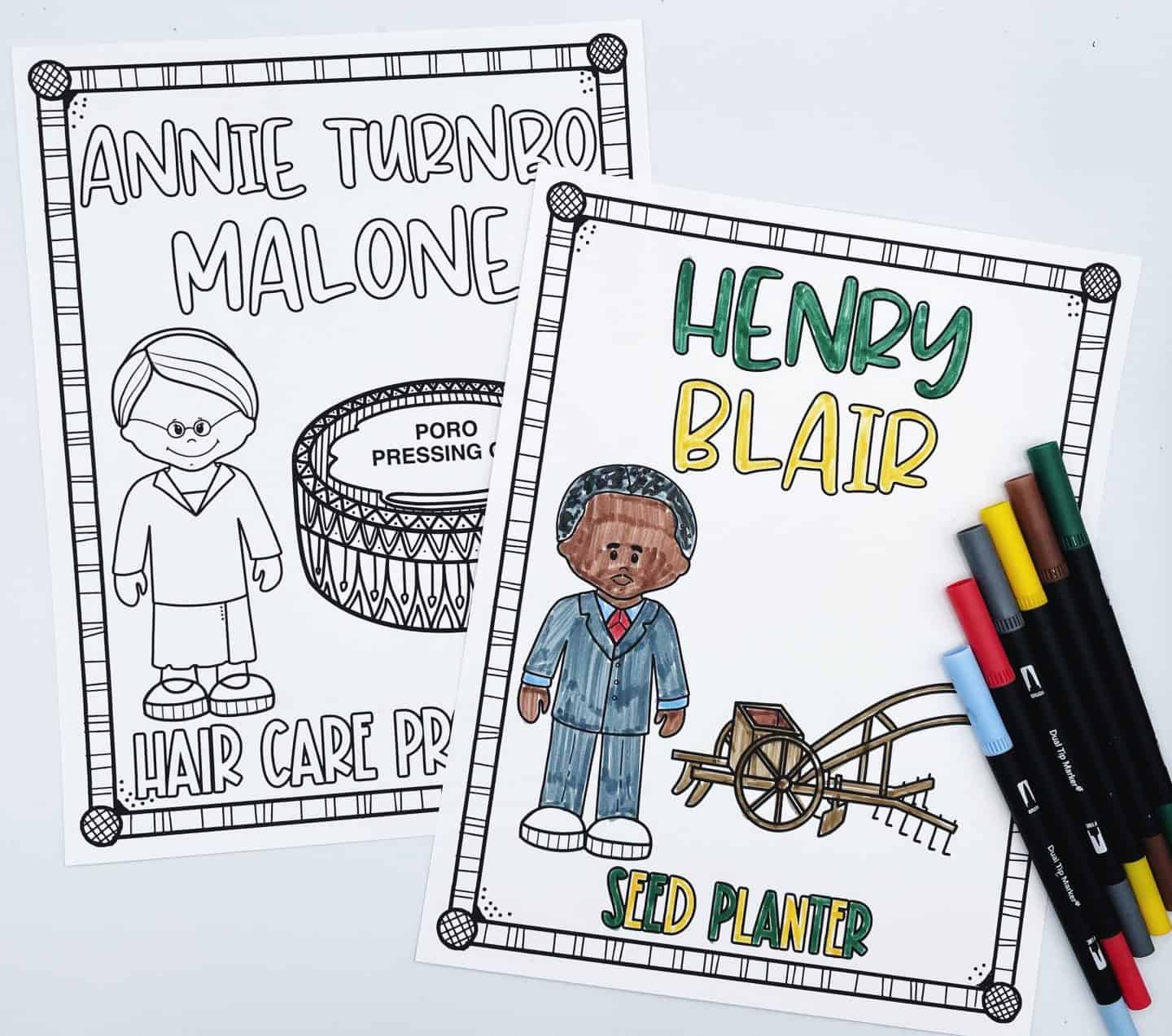 Coloring pages of Annie Turnbo Malone with a hair care product and Henry Blair with his seed planter invention.