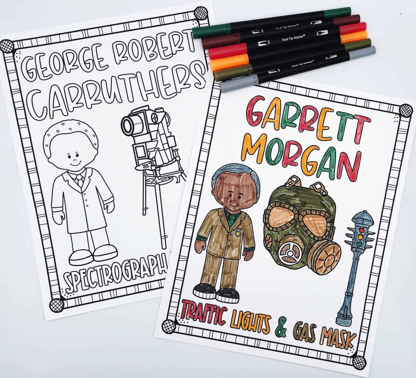 Coloring pages of George Robert Carruthers with a spectrograph and Garrett Morgan with a gas mask and traffic light.