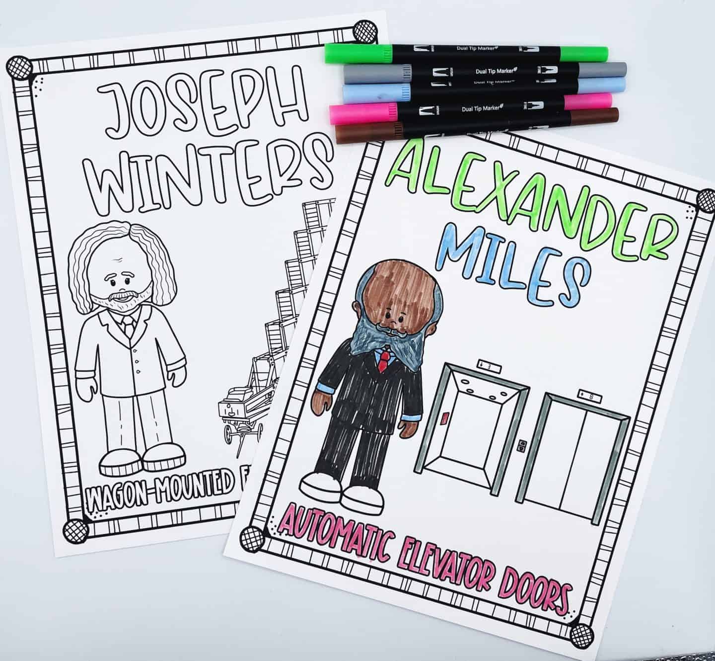 Coloring pages of Joseph Winters with a wagon-mounted fire escape and Alexander Miles with automatic elevator doors.