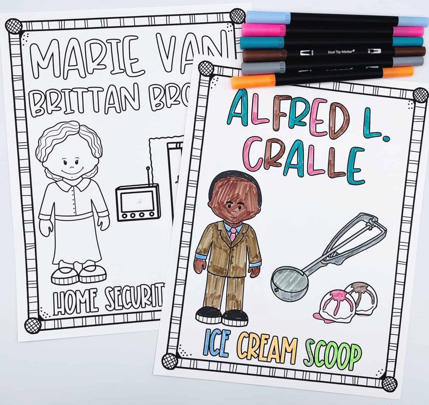 Coloring pages of Marie Van Brittan Brown with a home security system and Alfred L. Cralle with an ice cream scoop.