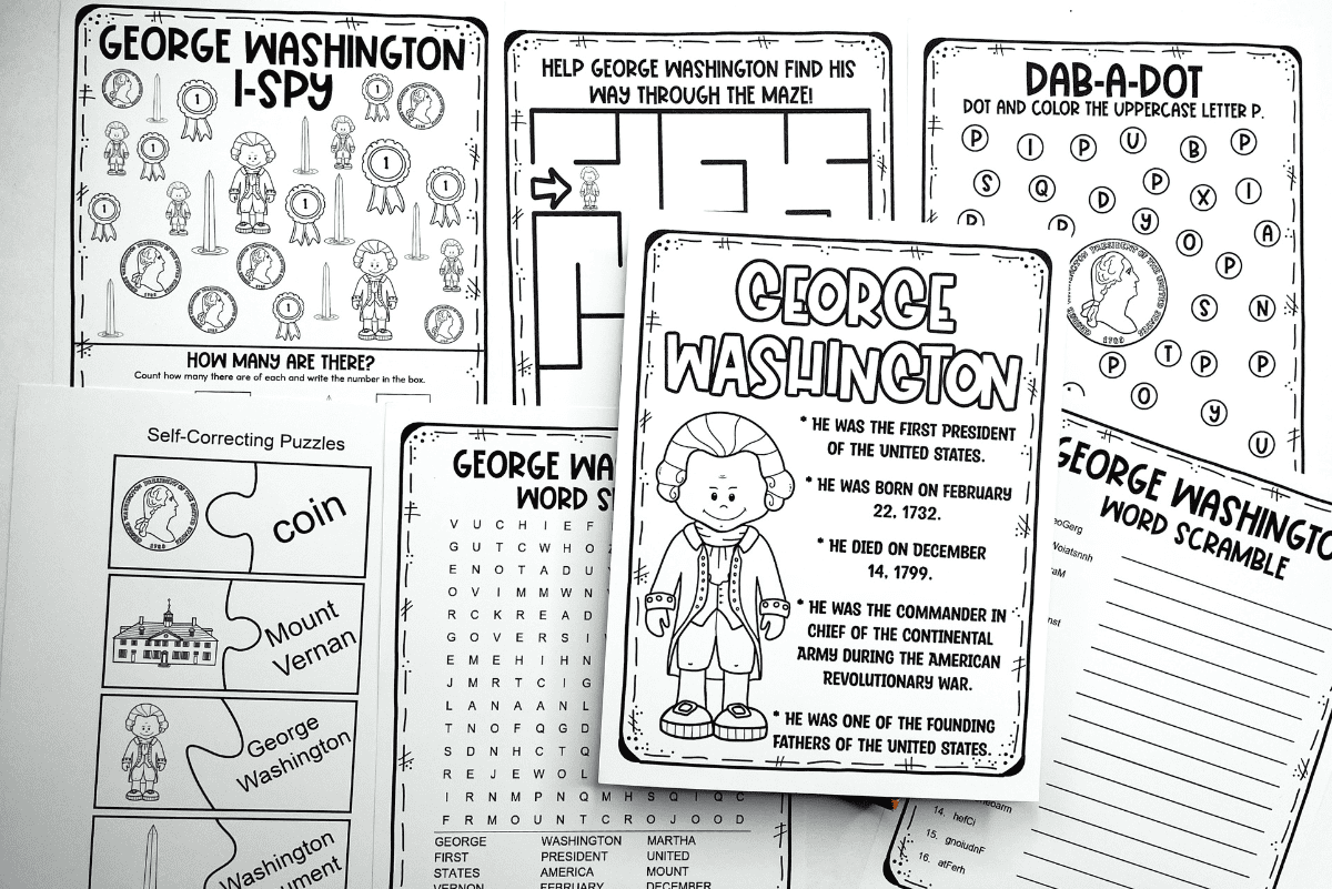 Black and white printable George Washington worksheets for elementary students, including an I-Spy activity, maze, dab-a-dot alphabet game, word search, word scramble, and a fact sheet with historical highlights. Perfect for Presidents’ Day or U.S. history classroom activities.