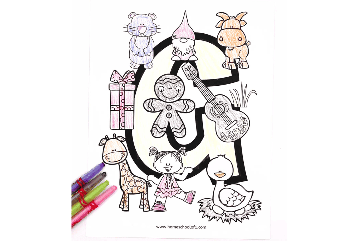 Printable letter G coloring sheet featuring giraffe, gift, girl, grass, and guitar for early alphabet learning fun.