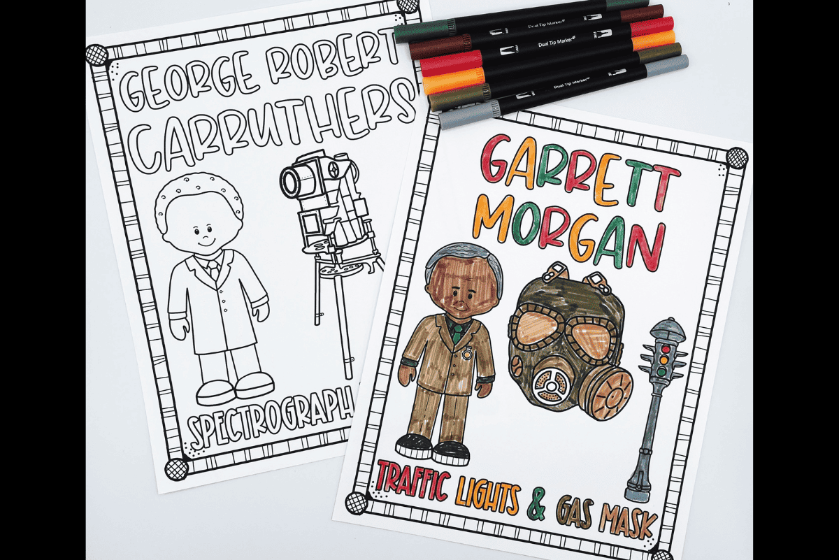 African American inventors coloring pages showing George Robert Carruthers with a spectrograph and Garrett Morgan with a gas mask and traffic light.