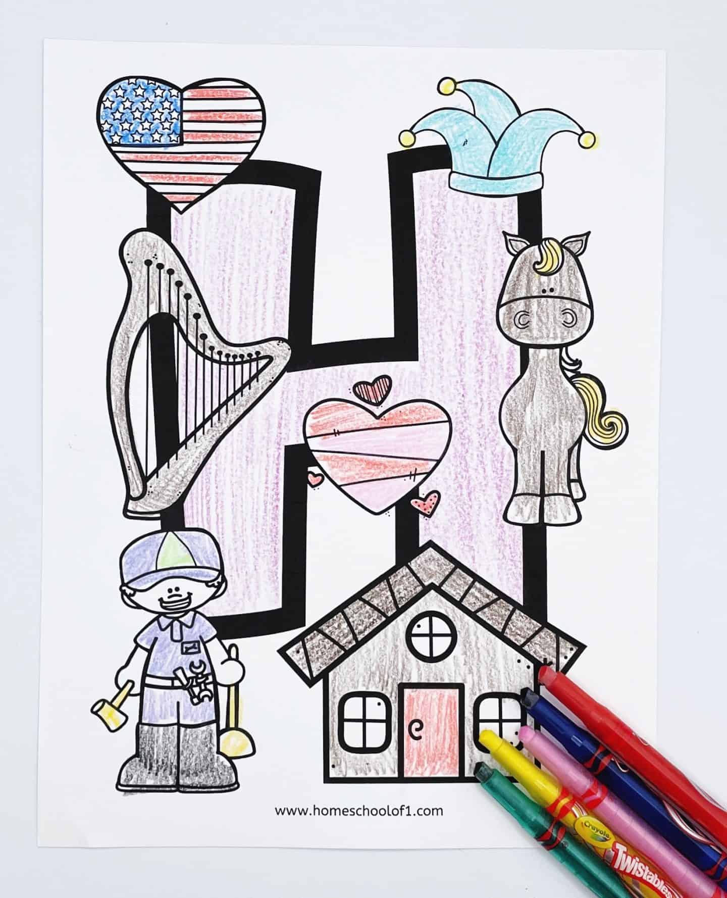 letter H coloring sheet featuring an uppercase H surrounded by a heart, a horse, a heart, a hat, a house and a helper with crayola twistables laid on the page.
