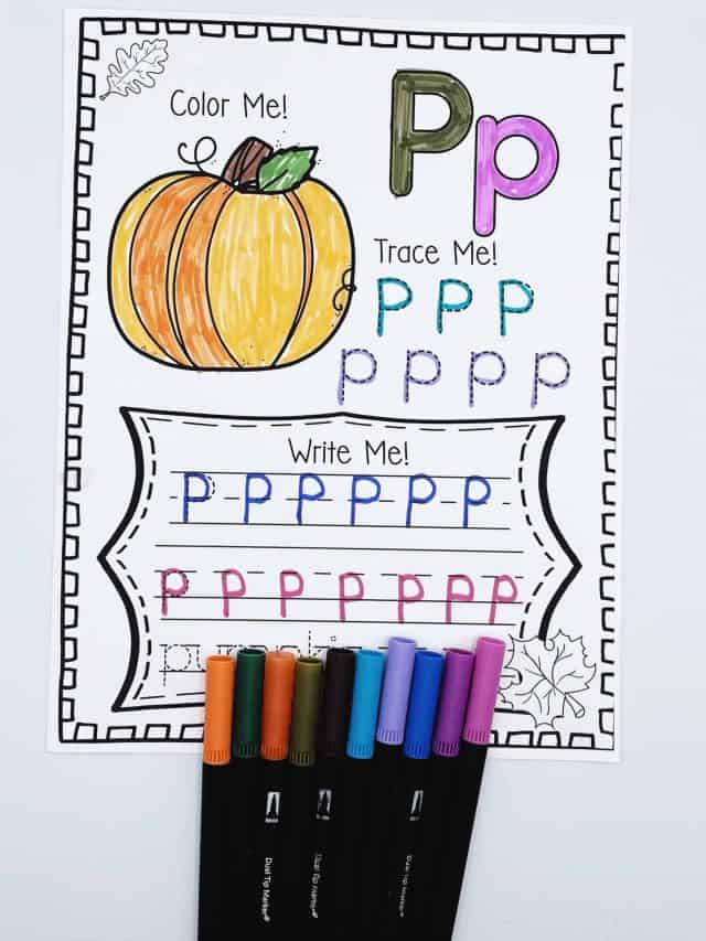 fall alphabet pumpkin worksheet with a place to color and trace the letter p and the word pumpkin