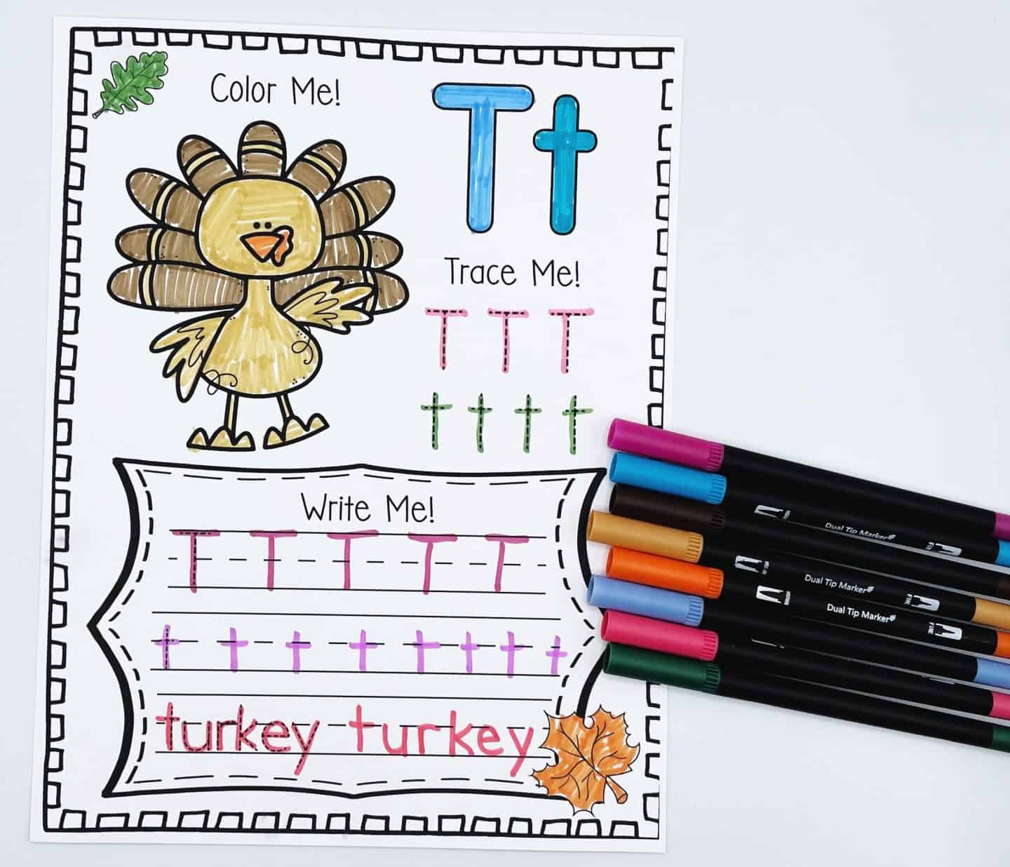 Fall alphabet worksheet for the letter T featuring a turkey coloring activity, uppercase and lowercase T tracing, and writing practice for the word “turkey.” A festive and educational fall-themed printable perfect for preschool and kindergarten learners