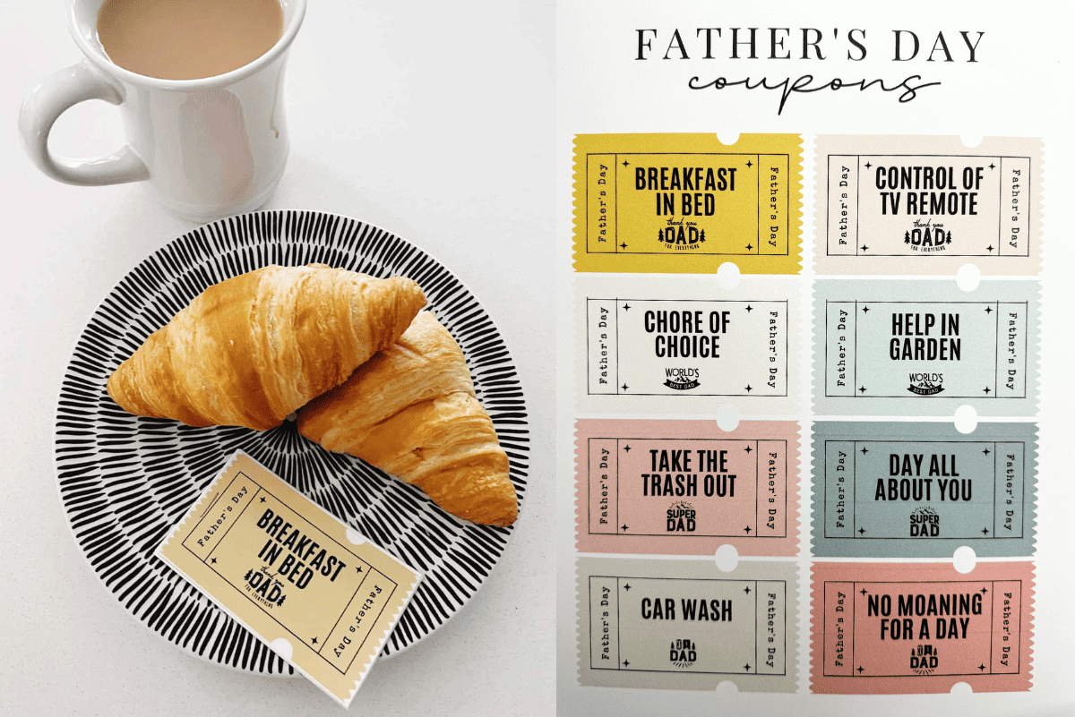 A flat lay image featuring a cup of tea or coffee, a black-and-white striped plate with two croissants, and a Father's Day coupon labeled “Breakfast in Bed.” Next to it is a grid of nine colorful Father's Day coupons offering sweet gestures like help in the garden, car wash, and control of the TV remote.