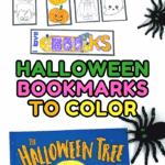 Halloween bookmarks to color placed next to a Halloween-themed children’s book, with designs featuring bats, ghosts, and jack-o’-lanterns.