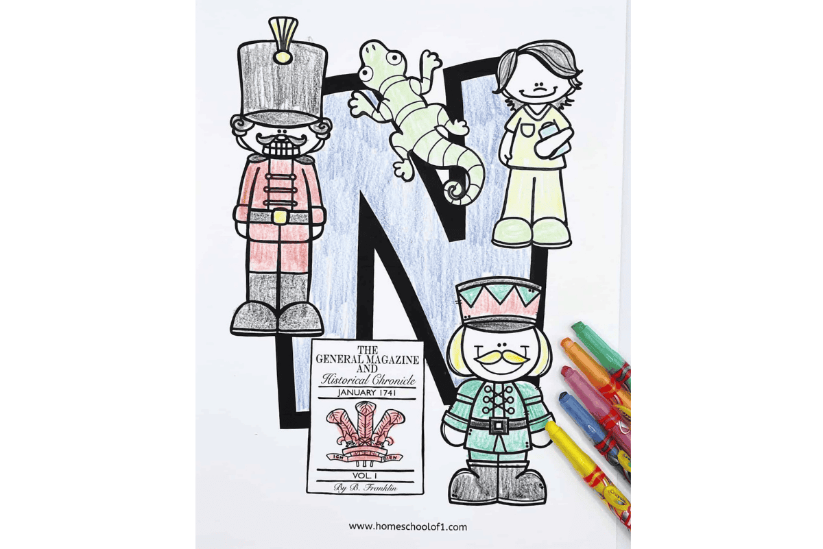Letter N coloring sheet for preschoolers with fun images including a nutcracker, nurse, and newspaper, colored by hand.
