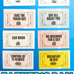 A set of colorful Father's Day coupons laid out on a blue background. Coupons offer various gifts like “Chore of Choice,” “Help in Garden,” “Take the Trash Out,” “Day All About You,” “Car Wash,” “No Moaning for a Day,” “Control of TV Remote,” and “Breakfast in Bed.” Each is labeled “Father’s Day” and includes fun dad-themed icons.