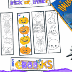 Free printable Halloween bookmarks to color, shown next to a Halloween book with characters like Dracula, pumpkins, and a witch’s hat.