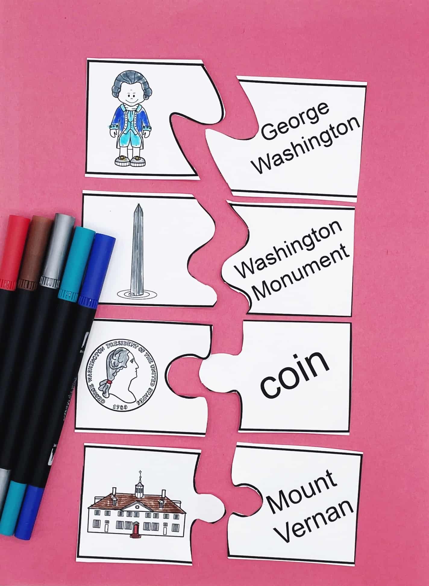 Educational George Washington puzzle cards for kids, featuring four illustrated matching pairs: George Washington, the Washington Monument, a quarter coin with his profile, and Mount Vernon. Each piece pairs an image with a corresponding label, arranged on a bright pink background with colorful markers to the side.