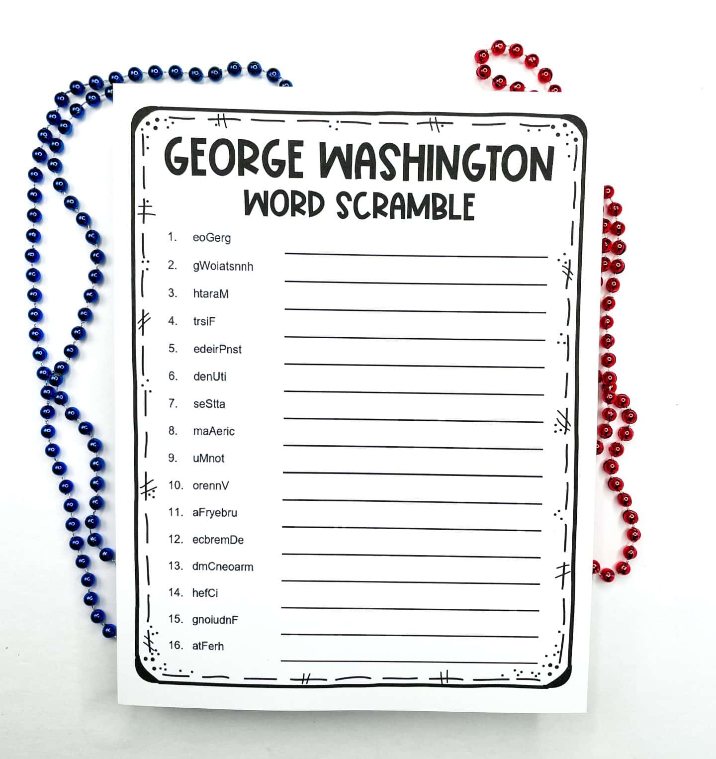 George Washington word scramble worksheet featuring 16 jumbled words related to U.S. history and Washington, such as “eoGerg” and “maAerc,” with space to write the correct answers. Patriotic red and blue bead necklaces decorate the sides, giving it a festive, educational vibe.