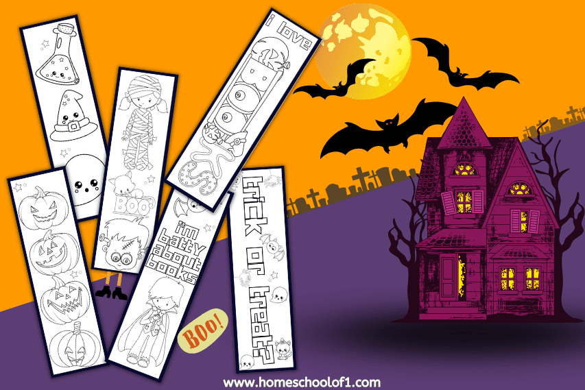 A set of six black-and-white Halloween coloring bookmarks displayed on a spooky orange and purple background. Designs include pumpkins, ghosts, skeletons, bats, potions, and Halloween messages like “trick or treat.” A haunted house and flying bats appear in the background with a full moon overhead.