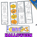 A set of Halloween bookmarks to color featuring pumpkins, mummies, ghosts, and phrases like “trick or treat” and “I love books.”