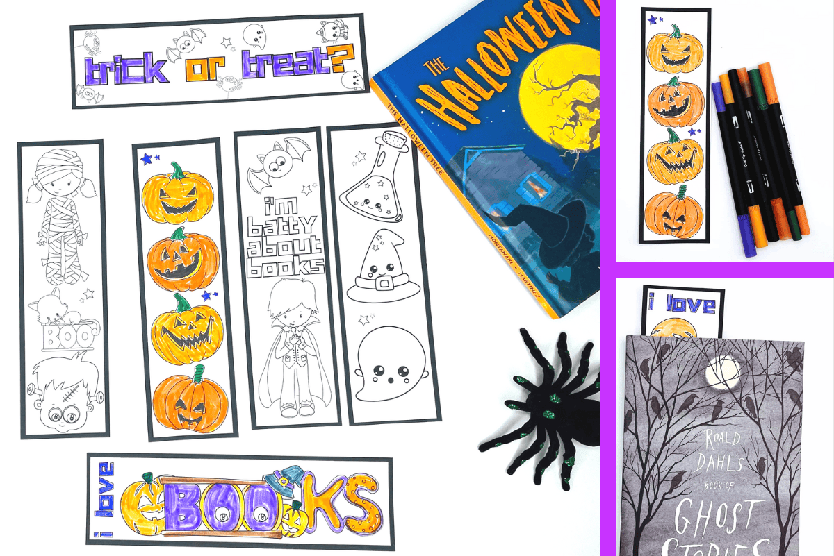 Halloween bookmarks to color featuring pumpkins, ghosts, and spooky characters, shown partially colored with books and markers.