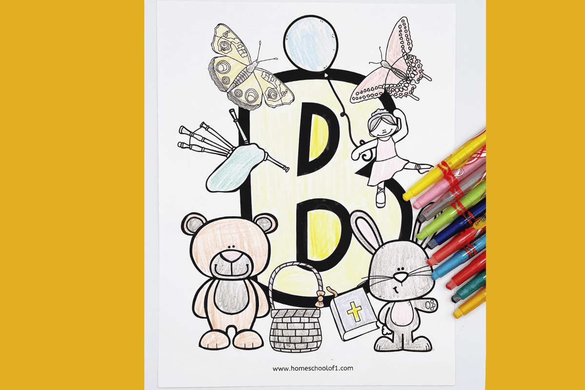 Free printable letter B coloring sheet with fun and engaging images of items that start with B—bear, bunny, balloon, ballerina, Bible, basket, butterflies, and bagpipes. A great resource for learning letters in early education.